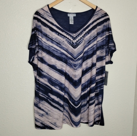Catherines Tops - Catherines Blue Tan Striped Embellished Tee Plus Size 1X